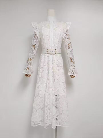 Water-Soluble Lace Dress 2025 Spring Temperament Embroidery Empty Belt With White Dress Dress